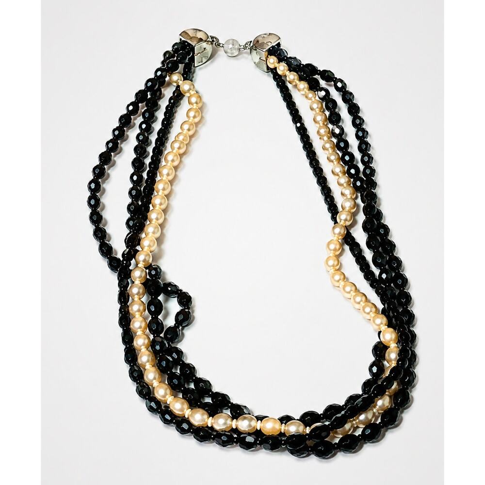 Mid-century Glass Beaded Necklace Black White 4 Strands Faux Pearl Vintage bk161